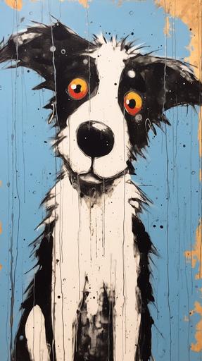 Neo - expressionism of a cartoon Border Collie looking up at something, in the style of pulled, scraped, and scratched, meditative, unconventional poses, spiky mounds, 1970s, twisted characters, soggy --ar 9:16 --s 750 --q 2 --v 5.1 --style raw