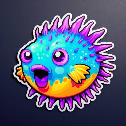 Pufferfish,vibrant colors,cartoon, sticker, fluorescent, neon, neon color, fluorescent color, anime