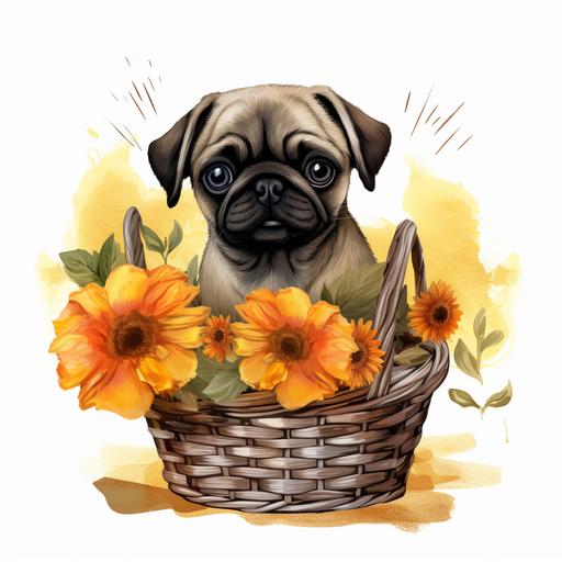Pug Watercolor Clipart Cute Puppy Pug in a Basket Baby Pug Dog PNG Commercial Use Adorable Pug Flowers Graphic Design Illustration Print PNG