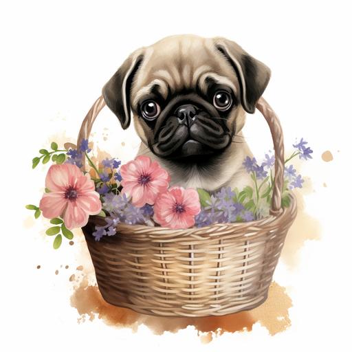 Pug Watercolor Clipart Cute Puppy Pug in a Basket Baby Pug Dog PNG Commercial Use Adorable Pug Flowers Graphic Design Illustration Print PNG