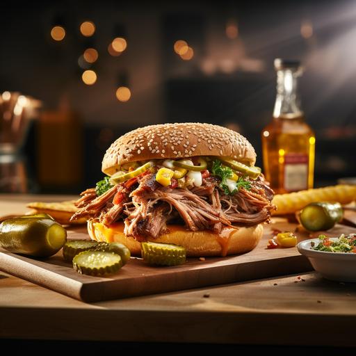 Pulled pork sandwich, with pickles and corn, food photography, full view, 45 degree view, in a modern west coast kitchen, ultra detailed, 8k, clean   cinematic shot, 50mm at F 1. 2 aperture, , soft sunlight falling on the subject