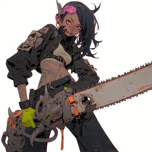 Punk rock post apocalyptic girl with a chainsaw, by Satoshi Nakamura, 6k resolution, in a battle arena, post apocalyptic fashion style, charming expression, detailed and intricate clothing textures, cute accessories and charms, demon tattoo --s 1000 --niji 5 --style expressive --q 2