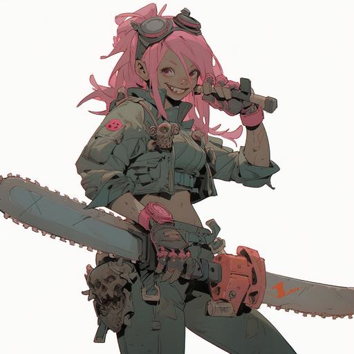 Punk rock post apocalyptic girl with a chainsaw, by Satoshi Nakamura, 6k resolution, in a battle arena, post apocalyptic fashion style, charming expression, detailed and intricate clothing textures, cute accessories and charms, demon tattoo --s 1000 --niji 5 --style expressive --q 2