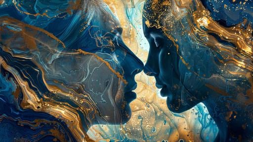 Pure Divine Love, a men and a woman in love they grouding their love, cinematic shot, high quality, spiritual and divinely inspired image, the athmosphere is calming and soothing in blue and gold, marbling pattern, the scene is filles with sense of enchstmen --ar 16:9