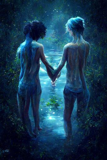 Pure bond beyond binarity. Two androgynous non binary bare skinned teens, wearing rags as bikinis, entwirled in a loving embrace and looking us directly in our souls. Bare feets, bare legs, bare bellies, bare shoulders, bare arms, white irisless eyes, white hairs. Mystical blue forest, water pond, 8k, ultra realism, complicity, love, 3d render, octane render. Moebius, Jean Giraud and Yoshitaka Amano styles. --ar 9:14