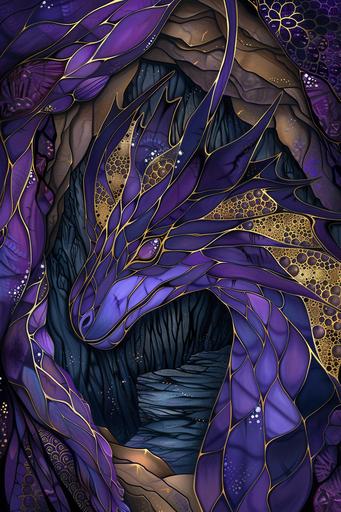 Purple Noir Art Nouveau Illustration, Massive Crystal Dragon, Giant Crystal Cave Motif, Fractal Patterns, Crystal Details, Golden Outlines --ar 2:3 --c 11 --s 222 --v 6.0