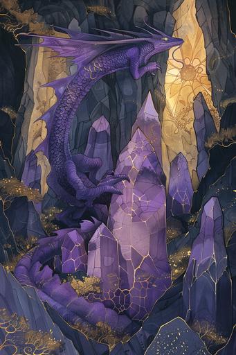 Purple Noir Art Nouveau Illustration, Massive Crystal Dragon, Giant Crystal Cave Motif, Fractal Patterns, Crystal Details, Golden Outlines --ar 2:3 --c 11 --s 222 --v 6.0