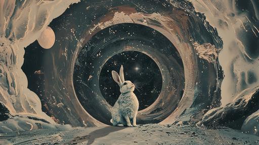 Purple and gold , white rabbit sitting in a deep ominous rabbit black hole, in space, spiraling galactic chasm, retrofuturistic film noir, stardust, ominous collage art, mixed media art, --v 6.0 --ar 16:9