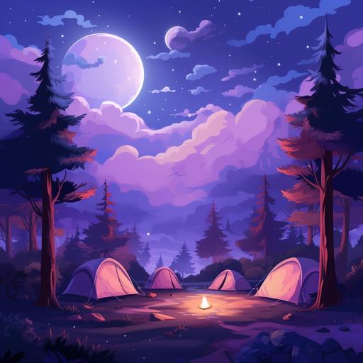 Purple lights create a heavenly atmosphere in a campsite with several tents, a campfire, and trees. The night sky features a full moon and clouds. 2D cartoon illustration style.