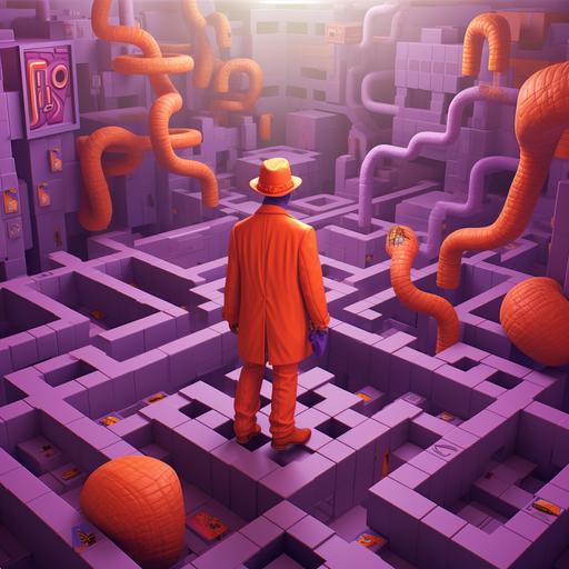 Q-Bert, dressed in an orange suit, as a detective in Cube City, hunting a purple snake, photorealistic
