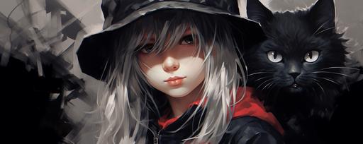 black cat with a girl, adventure hat, smile face, long white hair, grin, Dynamic composition, write ‘punk’ in the front of the picture, in the style of bold lettering, kidcore, junglepunk, dolly kei, monochromatic scheme, larme kei --ar 5:2 --s 70