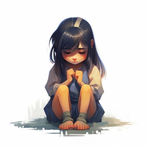Mai girl is kneeling, hands holding her head, crying, sad face, drawing cartoon style