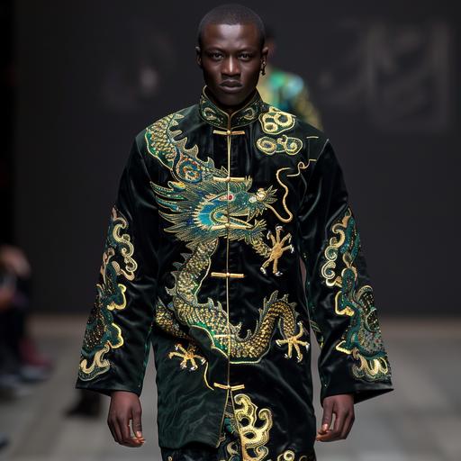 Qing dynasty emperor's clothing green, black with golden sequin dragon as today's mens shirt worn by black male model walking on the runway, full body shot --v 6.0