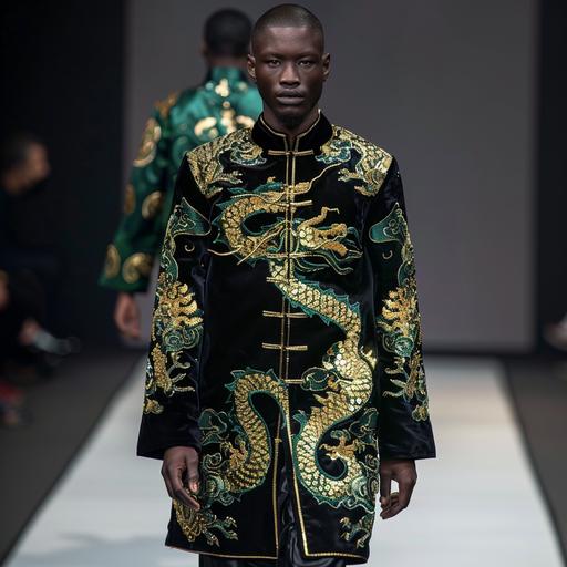 Qing dynasty emperor's clothing green, black with golden sequin dragon as today's mens shirt worn by black male model walking on the runway, full body shot