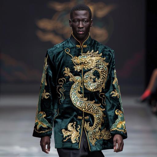 Qing dynasty emperor's clothing green, black with golden sequin dragon as today's mens shirt worn by black male model walking on the runway, full body shot