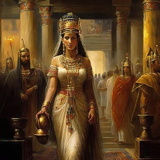Queen Esther with royal attire complete with crown as a queen is coming and bow down before King Artaxerxes and the King extended his scepter to the queen in a royal living room of magnificent kingdom in the 1000s BC, together with the courtiers, advisors, and royal officials. Lighting of evening time, ancient kingdom lamps