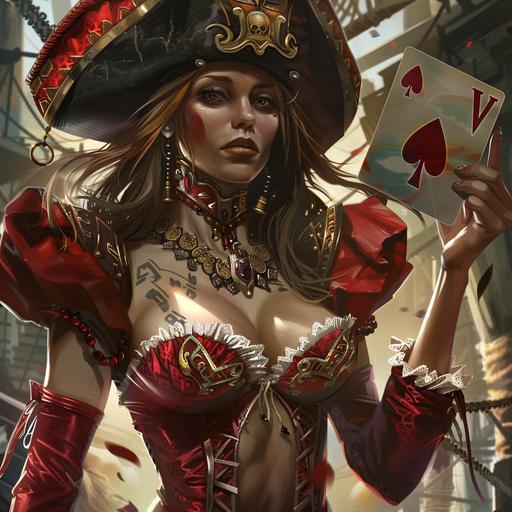 Queen of hearts playing card Captain space Pirate woman, Michael warrior illustration --v 6.0