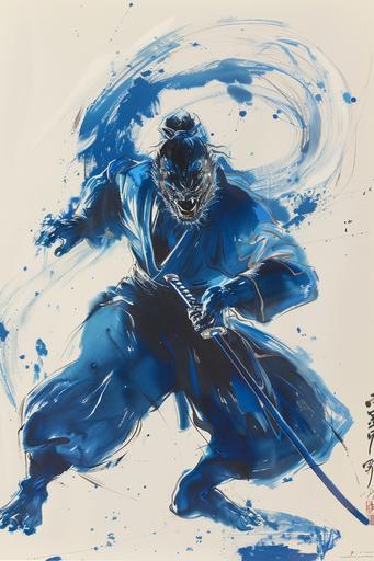 Quentin Blake, Humanoid Blue Dragon Samurai Monk, dynamic pose, windblown --ar 2:3 --c 15 --s 222 --style raw --v 6.0
