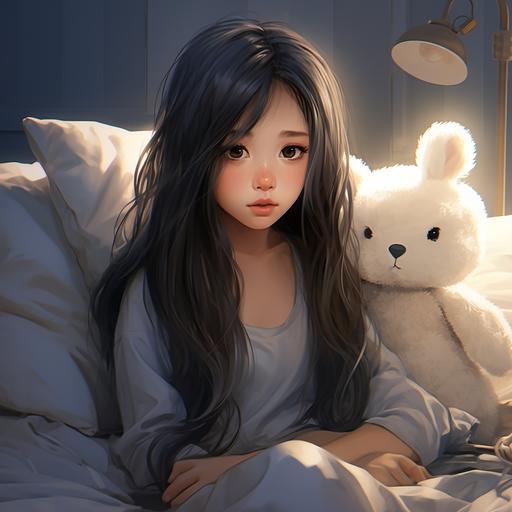 Quiet Korean girl, long black hair, no bangs, long rabbit hairpins, pajamas, cartoons, 8K – niji 5
