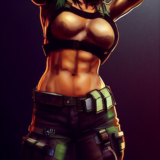Quiet, Metal Gear Solid, character portrait, massive chest, wide hips, thin waist, intimate outfit, daisy dukes, stomach tattoo, cutlass holstered, cyberpunk look, textural skin, very detailed full portrait, cinematic light, 3D, hyperdetailed --test --creative --upbeta --upbeta --upbeta