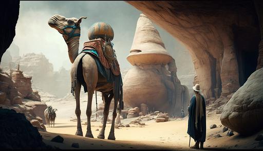 a camel with a saddle walking out of a rock mountain and ancient people wearing arabian dress looking at it with wonder --s 700 --v 4 --q 4 --chaos 10 --ar 16:9 --stylize 100