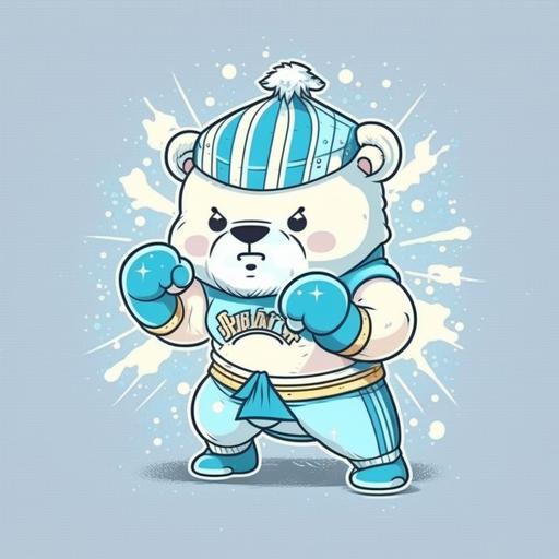 logo, cute character , polar bear muay thai costume, ice wizard penguinw wizzard hat snowflake striped , blizzard