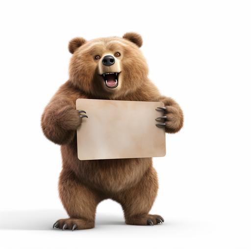 8k, a grizzly bear, standing up on back legs, happy facial expression, holding a plain white board, plain white background