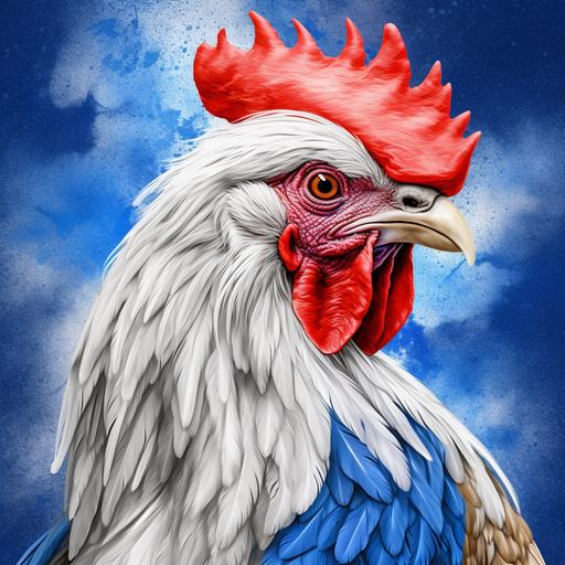 A detailed illustration a print of vintage hyper realistic rooster head, elder handsome fighter rooster with Griffin hybrid, glossy organize feathers with Puerto Rican flag motifs, bold strong lines, line art effect, intricate details, Hyper-realistic render, oil painting effect with 8K resolution, proud majestic warrior rooster with sharp sparkling eye, white and blue stars splashes, hyper-realistic colorful feather, t-shirt design, solid white background, bright backlighting, T-shirt artwork, vibrant and bright neon backlit, in the style of Studio Ghibli, pastel tetradic colors, 3D vector art, cute and quirky, fantasy art, watercolor effect, bokeh, Adobe Illustrator, hand-drawn, digital painting, low-poly, soft lighting, bird's-eye view, isometric style, retro aesthetic, focused on the character, 4K resolution, photorealistic rendering, using Cinema 4D