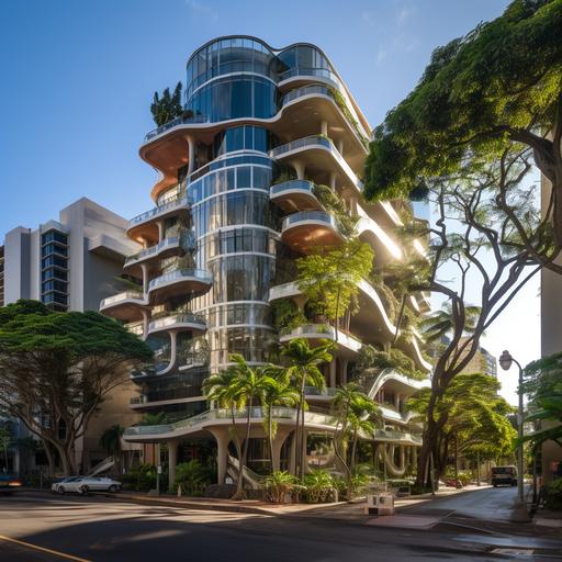 RAW photo of a building, designed by Norman Foster, 4 story apartment with atrium in 2 acres land, climate responsive to Honolulu's hot and humid climate, low angle, residential area street view, sunny and rainy light