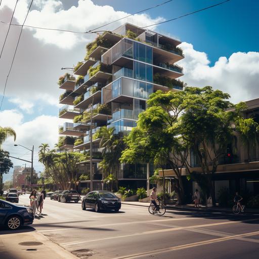 RAW photo of a building, designed by Norman Foster, 4 story apartment, climate responsive to Honolulu's hot and humid climate, low angle, residential area street view, sunny and rainy light