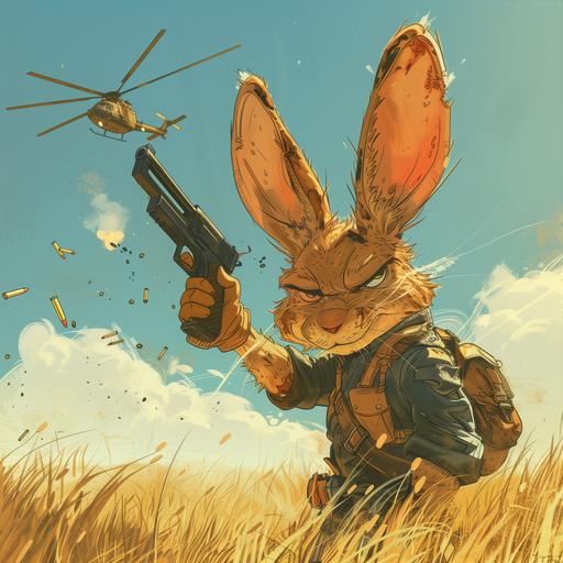 Rabbit Rambo looking at his gun that has one bullet left, field of high grass, spots of grenade explosions on the ground, smoke in the hair slightly, clear sunny sky, an helicopter in the sky, cartoon style, rusty tone, raw tone --v 6.0