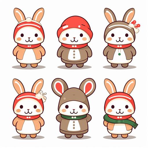 Rabbit design simple graphics, cute, kitschy and kawaii style, like New Jeans' rabbit character, Christmas hat and clothes, colorful and clear outline, vector, outline, white background, --no mockup, paint splatter