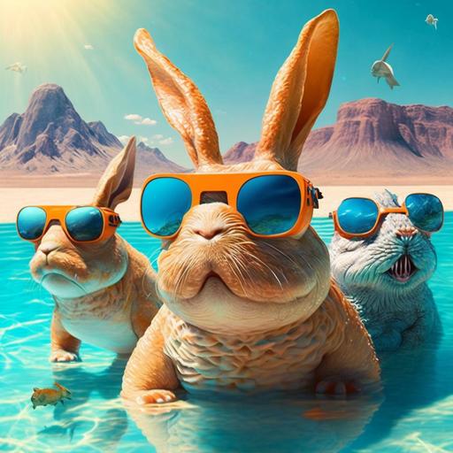 Rabbits happily swimming in a lake of Fanta, Godzilla is also there, one of the rabbits wear sunglasses, realistic