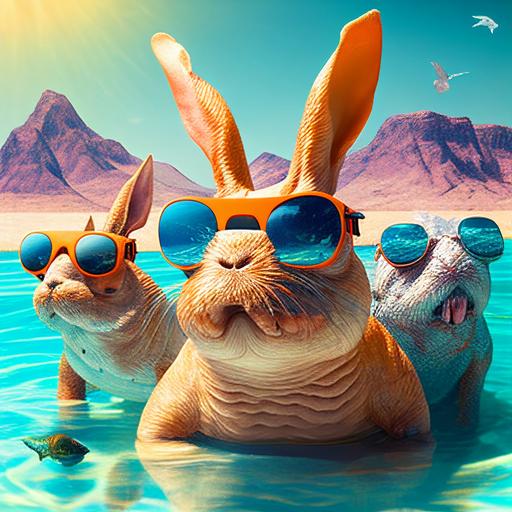 Rabbits happily swimming in a lake of Fanta, Godzilla is also there, one of the rabbits wear sunglasses, realistic