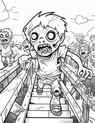 Colouring pages for kids, zombies, zomnbie kids playiplaying, playground background, cartoon style, thick lines, low detail, black and white, no shading, --ar 85:110