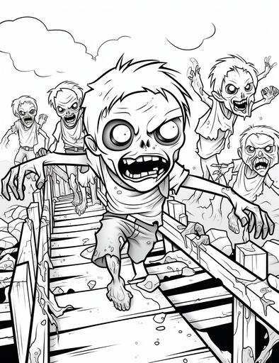 Colouring pages for kids, zombies, zomnbie kids playiplaying, playground background, cartoon style, thick lines, low detail, black and white, no shading, --ar 85:110