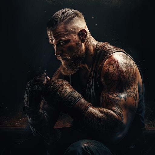 Ragnar Lothbrok from vikings as a cartoon character with boxing gloves, in the dark, hd, shadows, lights