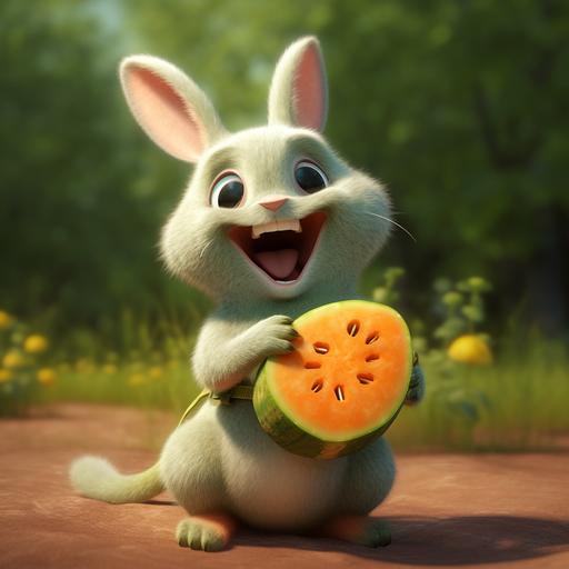 happy rabbit eating cantalope, pixar movies style