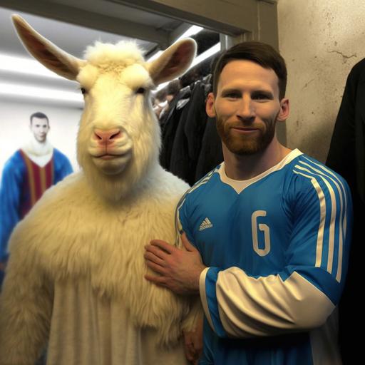 Lionel Messi standing with a person wearing goat costume