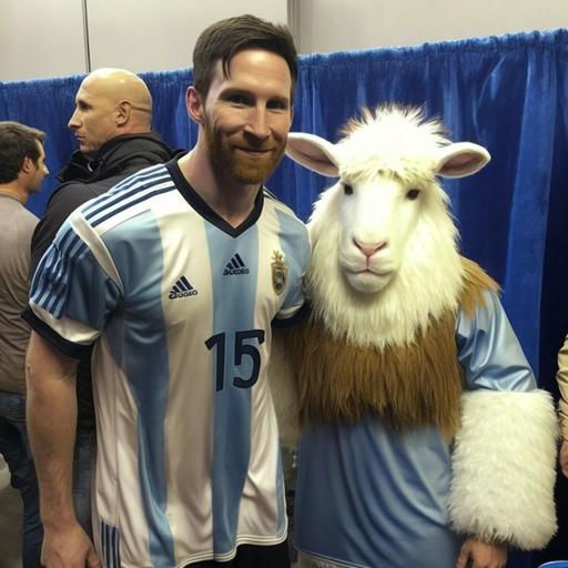 Lionel Messi wearing Argentina Jersey standing with a person wearing goat costume