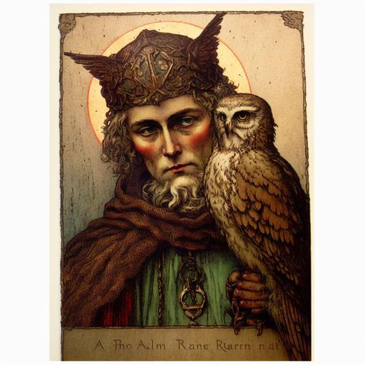 a religious Italian holy card, a Saint with a Owl's head, with halo, Arthur Rackham style --v 4