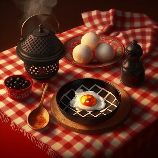 Ramadan atmosphere, islamic lantern, Fried Eggs in a black pan, and Falafel in a black bowl, on a red and white checkered table cover.