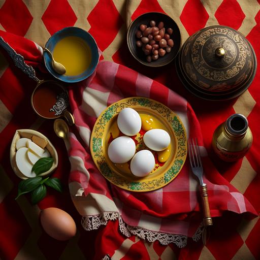 Ramadan atmosphere, omelets eggs and beans, on a red and white checkered table cover
