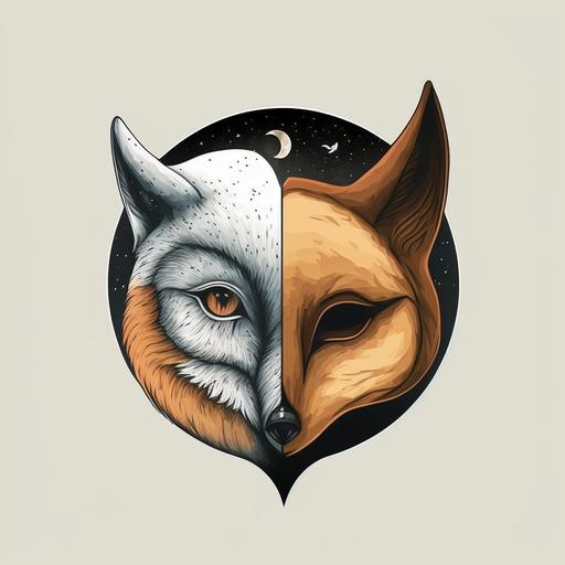 a logo minimalist, modern techology moon-faced owl and a fox