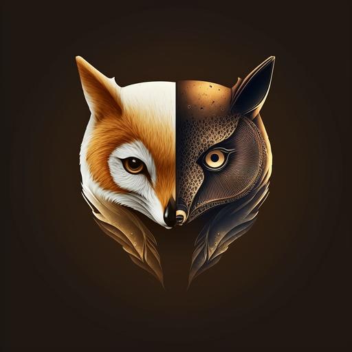 a logo minimalist, modern techology moon-faced owl and a fox