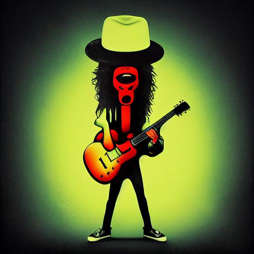 ant with big eyes in neon cartoon holding guitar and with slash hat from the band guns and roses, high quality, surreal and minimalist style --test --creative --upbeta