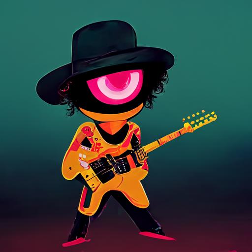 ant with big eyes in neon cartoon holding guitar and with slash hat from the band guns and roses, high quality, surreal and minimalist style