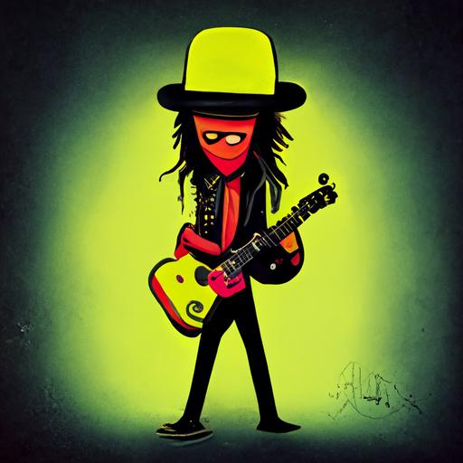 ant with big eyes in neon cartoon holding guitar and with slash hat from the band guns and roses, high quality, surreal and minimalist style