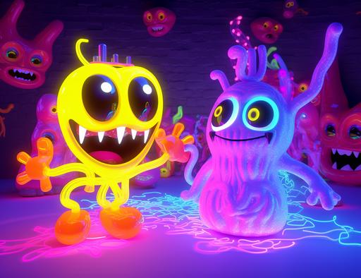 Random famous cartoon characters having a party. Neon and fluorescent, 3d, 4k --ar 110:85 --style raw --v 5.2 --s 50