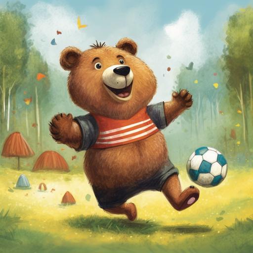 in a sunny day a bear is practicing a soccer chilena , the bear is on a playground ,